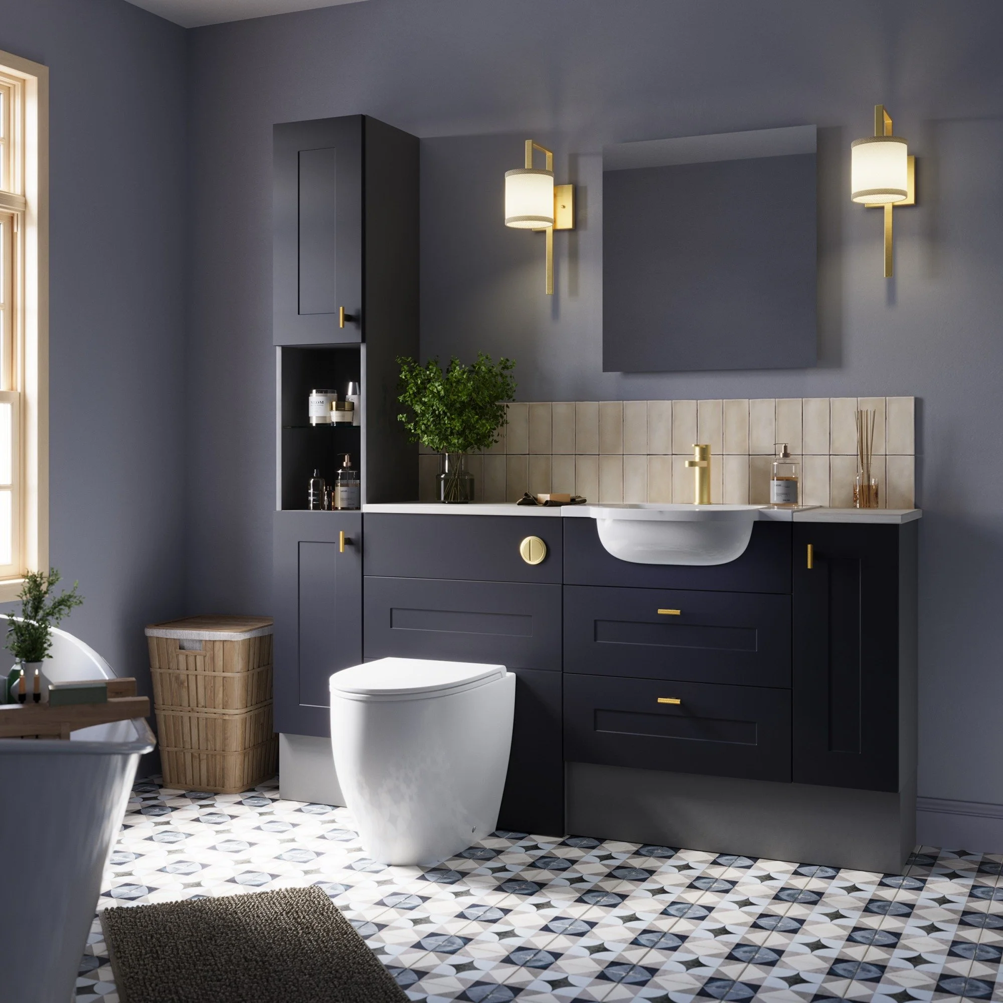 Stylish bathroom dark navy midnight blue fitted furniture and basin display in Bournemouth, Dorset. Bathroom inspiration available to view at Island Bathrooms