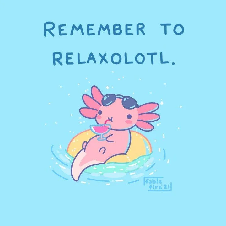 Even better if you relaxolotl with some snaxolotl.
.
.
.
.
.
#axolotl #selfcare #selflove #chronicpain #chronicillness #chronicfatigue #fibromyalgia #kawaiiart #chibiart #cuteart #kawaii #chibi