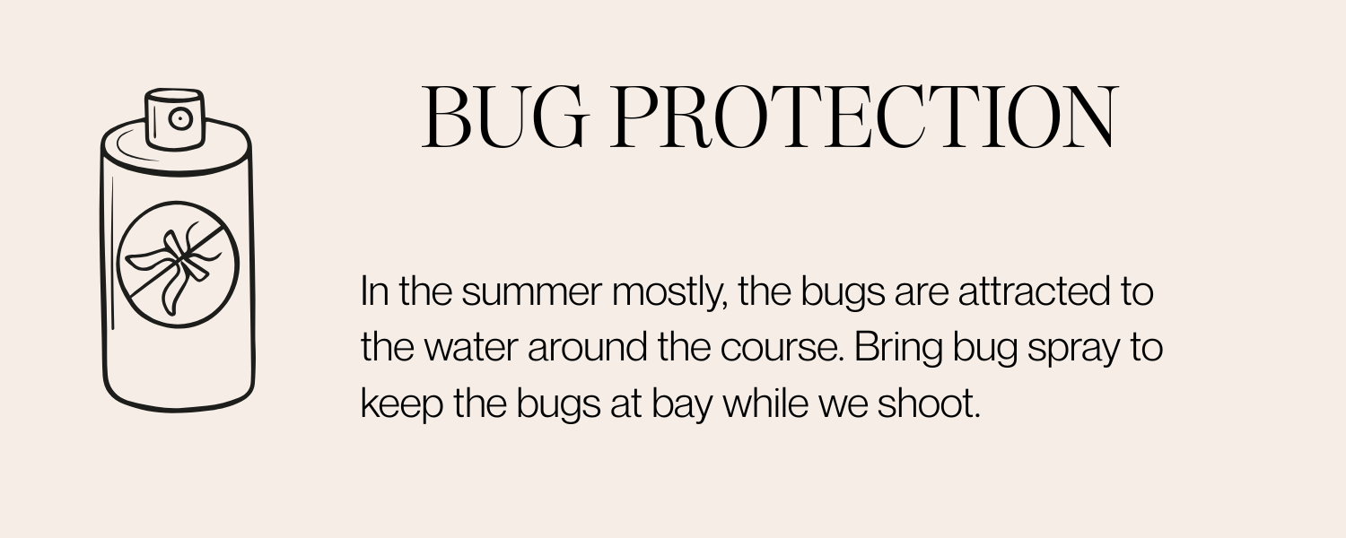 Illustration of bug spray with a bow on the label, accompanying text about bug protection and spraying bugs around water during summer.
