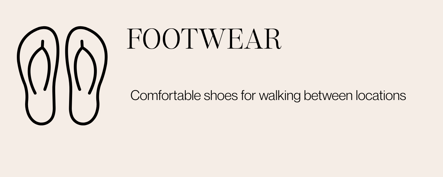 Graphic design for footwear with an icon of flip-flops and text that reads "FOOTWEAR" and "Comfortable shoes for walking between locations."