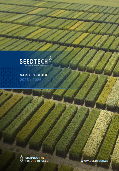 Aerial view of green and yellow field rows with a blue overlay text box reading 'SEEDTECH, a Syngenta company, VARIETY GUIDE 2025/2026, shaping the future of seed, www.seedtech.ie'.