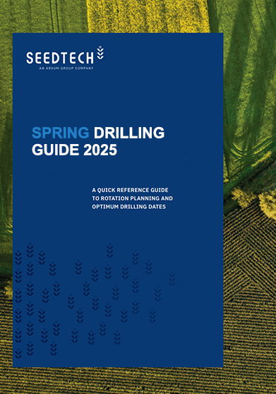Cover of Seedtech Spring Drilling Guide 2025 with blue background, white and light blue text, and a pattern of small blue v-shapes. The guide is on a green field.