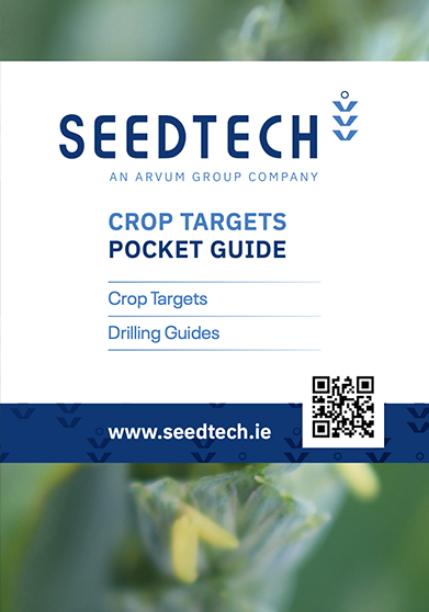 Seedtech Crop Targets Pocket Guide with options for crop targets and drilling guides, featuring a QR code and the website www.seedtech.ie.