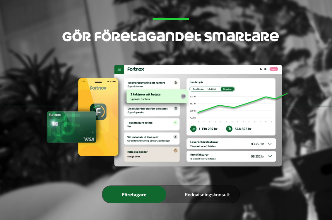 Skärm som visar Fortnox för ekonomihantering, med ett grafdiagram och olika fakturor, samt en smartphone med företagsappens logotyp, mot en gråskalig bakgrund med växtdekoration.