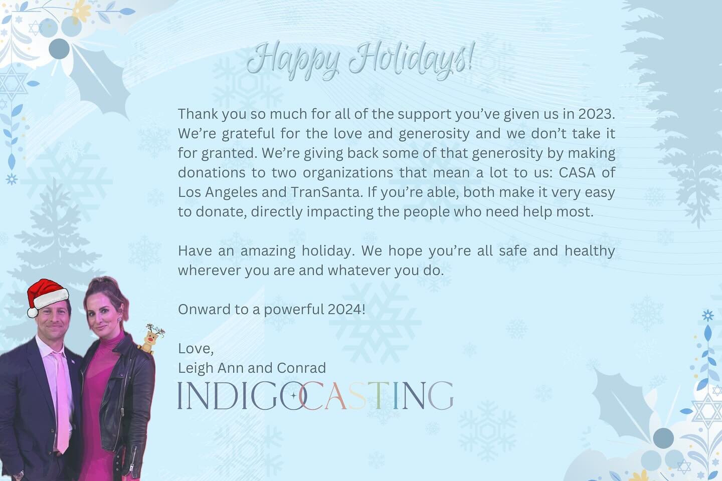 Happy Holidays! We&rsquo;re feeling very grateful and excited to head into 2024. If you haven&rsquo;t already, please consider making a donation to a cause that matters to you this season. We&rsquo;re donating to @casa.la and @transanta - amazing org