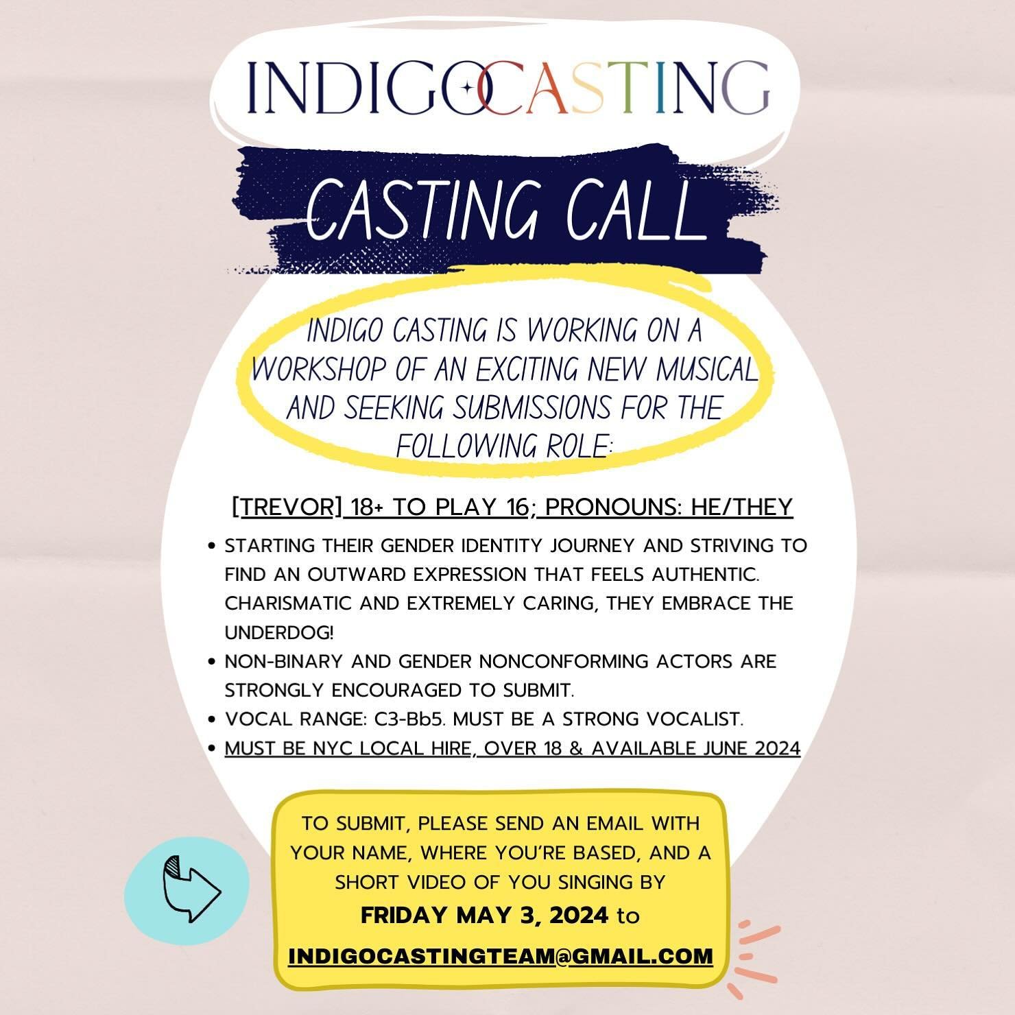 CASTING CALL! Check out the flyer for all the information about what we&rsquo;re looking for and how to submit. Flyer text is below. PLEASE SHARE!

INDIGO CASTING IS WORKING ON A
WORKSHOP OF AN EXCITING NEW MUSICAL AND SEEKING SUBMISSIONS FOR THE FOL