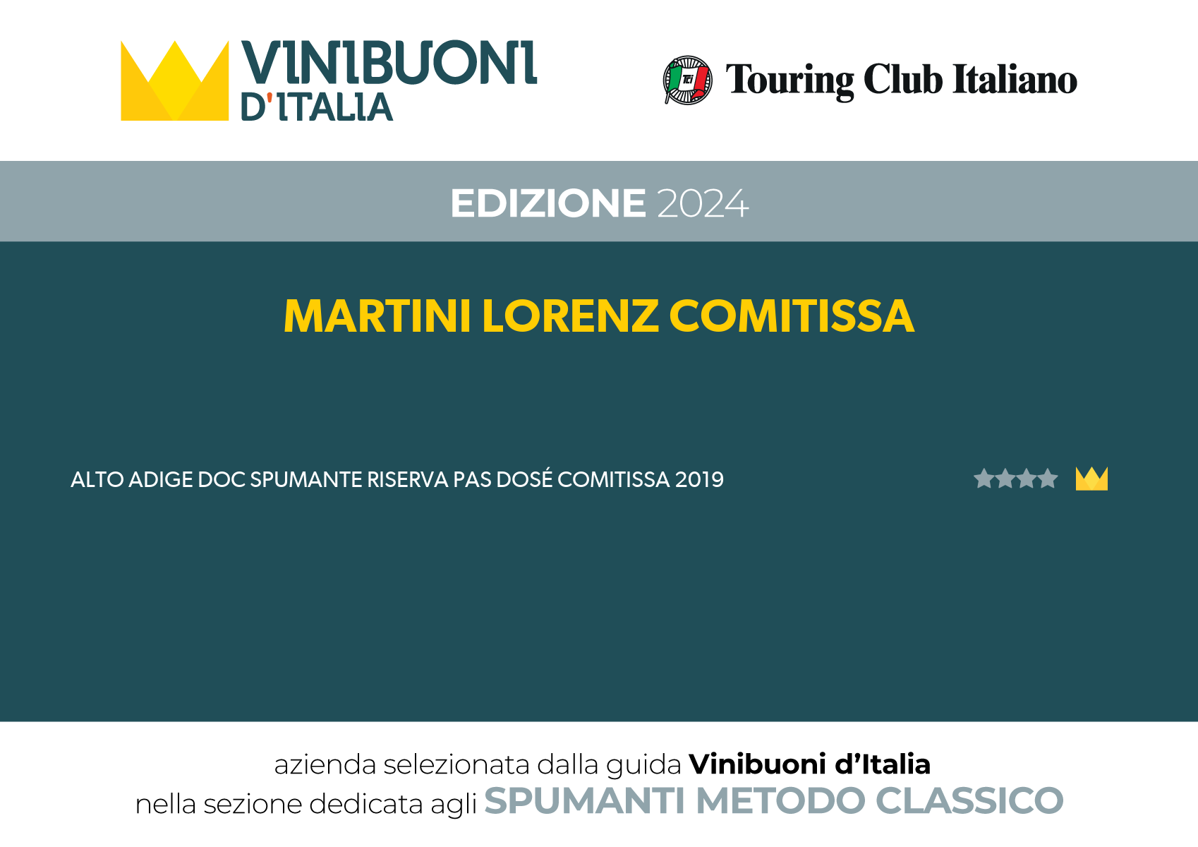 Comitissa Lorenz Martini Award Touring Club Italia 2024 Pas Dose Riserva Vint. 2019