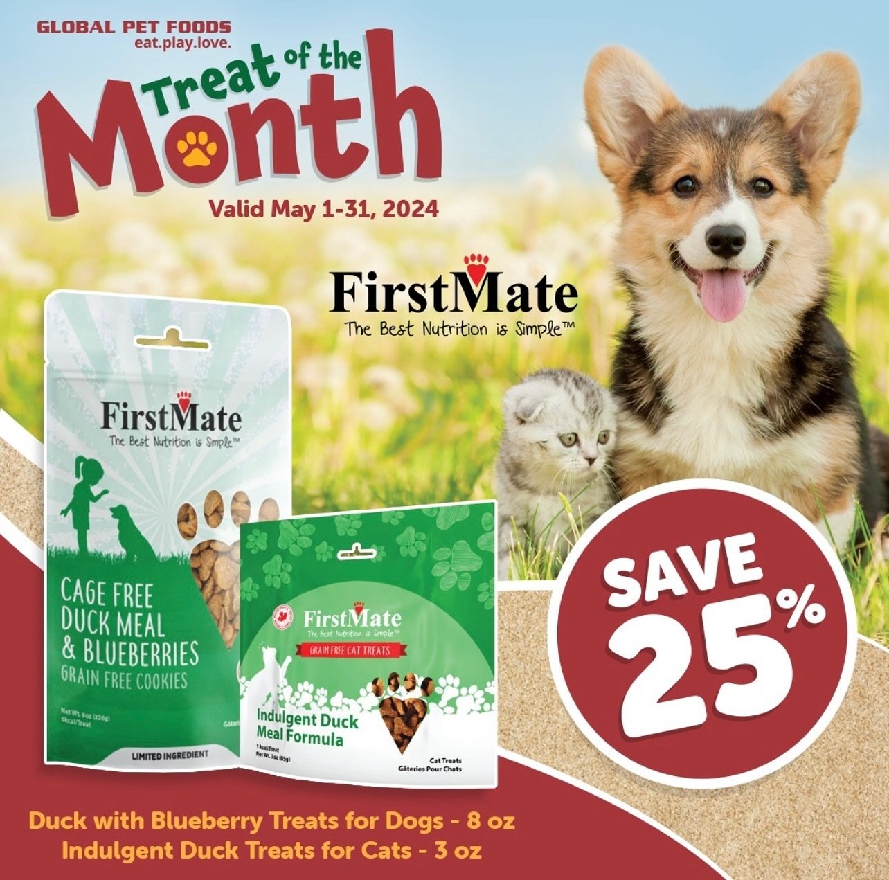 🐶🐱🎉 It&rsquo;s that time again! Discover the deliciousness of our newest Treat of the Month for May! 🌼🍃 Enjoy 25% off on FirstMate Duck with Blueberry Treats for Dogs, 8 oz and Indulgent Duck Treats for Cats, 3 oz. Your furry friends will thank 