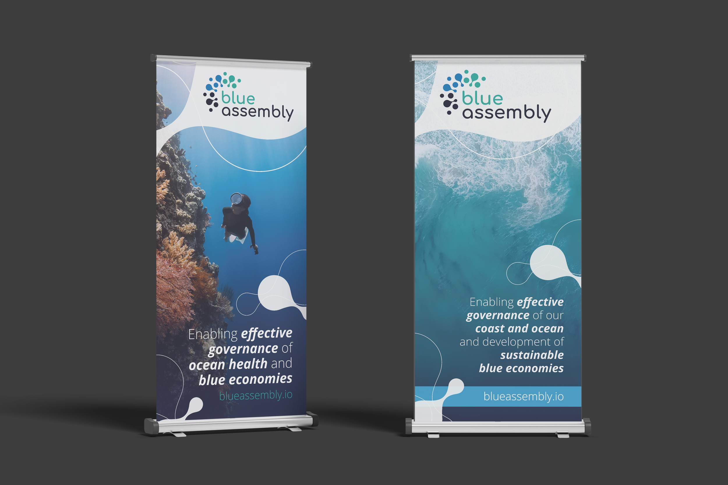 Two vertical banners with ocean and coral reef images and the 'blue assembly' logo at the top, displaying the text 'Enabling effective governance of ocean health and blue economies' and the website 'blueassembly.io' at the bottom.