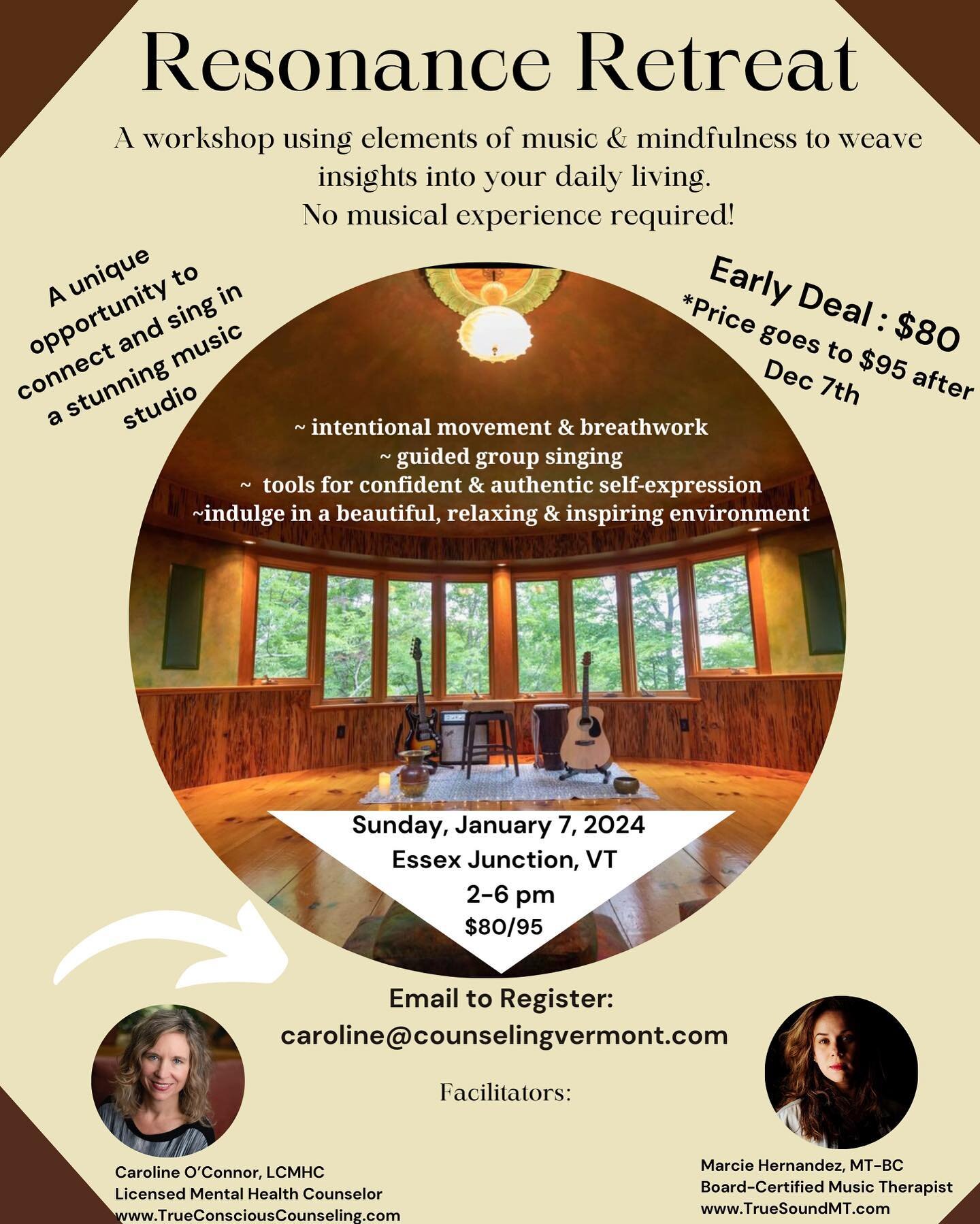 Hello community! I&rsquo;m thrilled to announce Resonance Retreat, happening January 7, 2024. This lovely workshop will be facilitated by @marciemusica (music therapist &amp; talented singer/songwriter) and yours truly @conscious___counseling (licens
