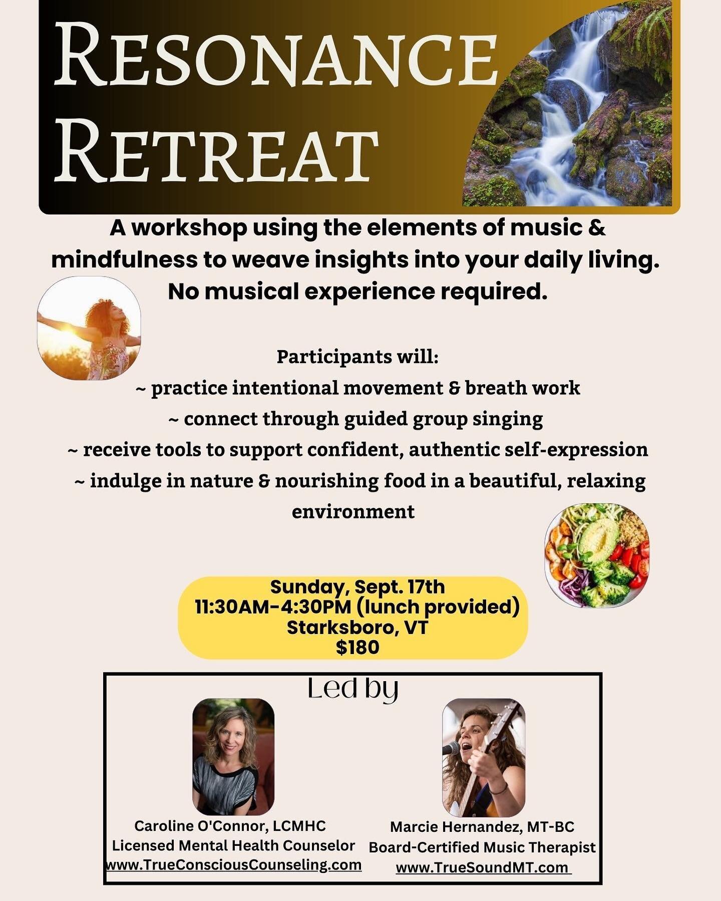 Dear Friends &amp; Community-- I'm thrilled to announce this special offering that I've been cooking up with my friend &amp; colleague, Marcie Hernandez. I invite you to come join us on Sunday, Sept. 17th for Resonance Retreat - a workshop where you'
