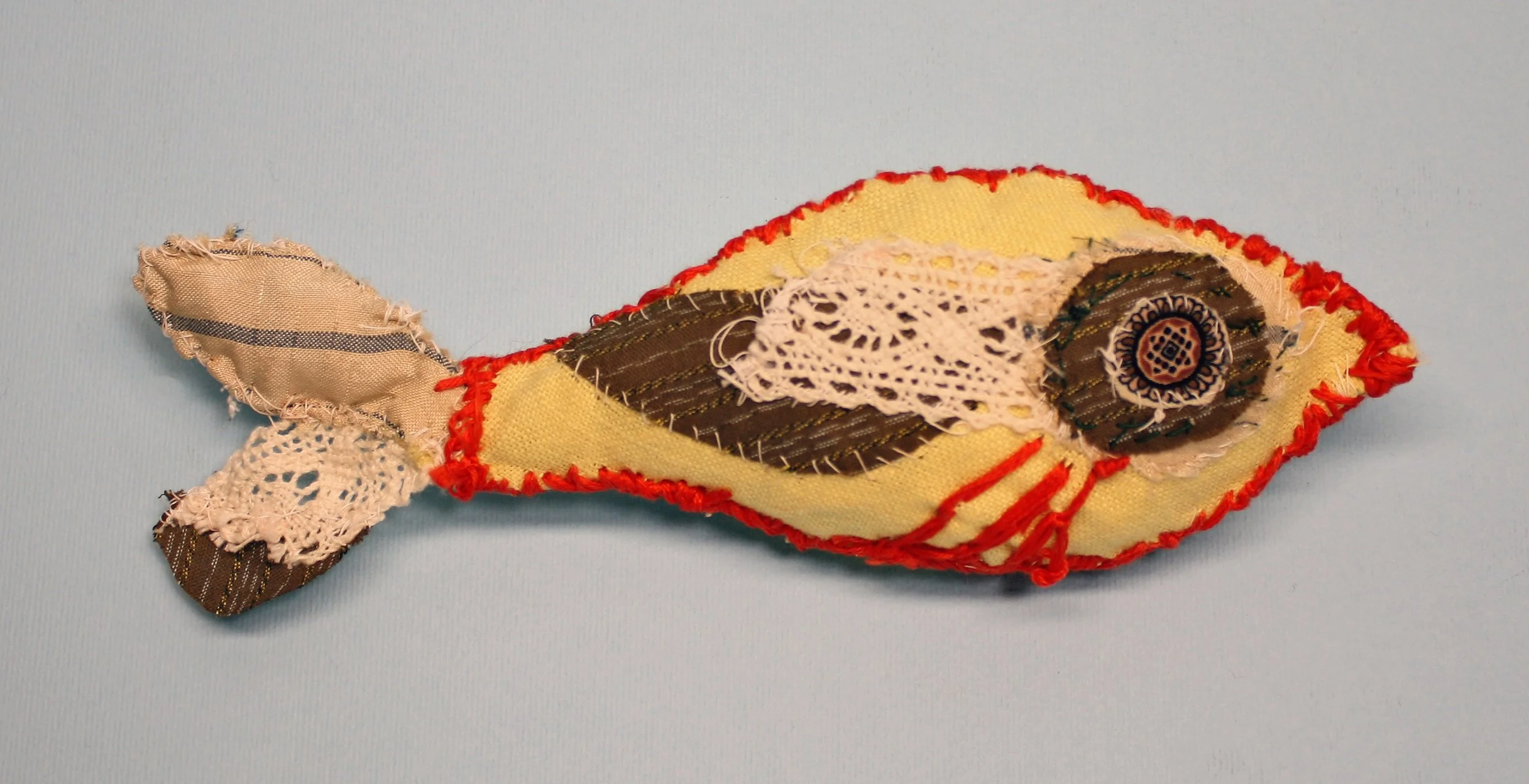 Appliqué fish sculpture with recycled fabric and vintage kimono scraps