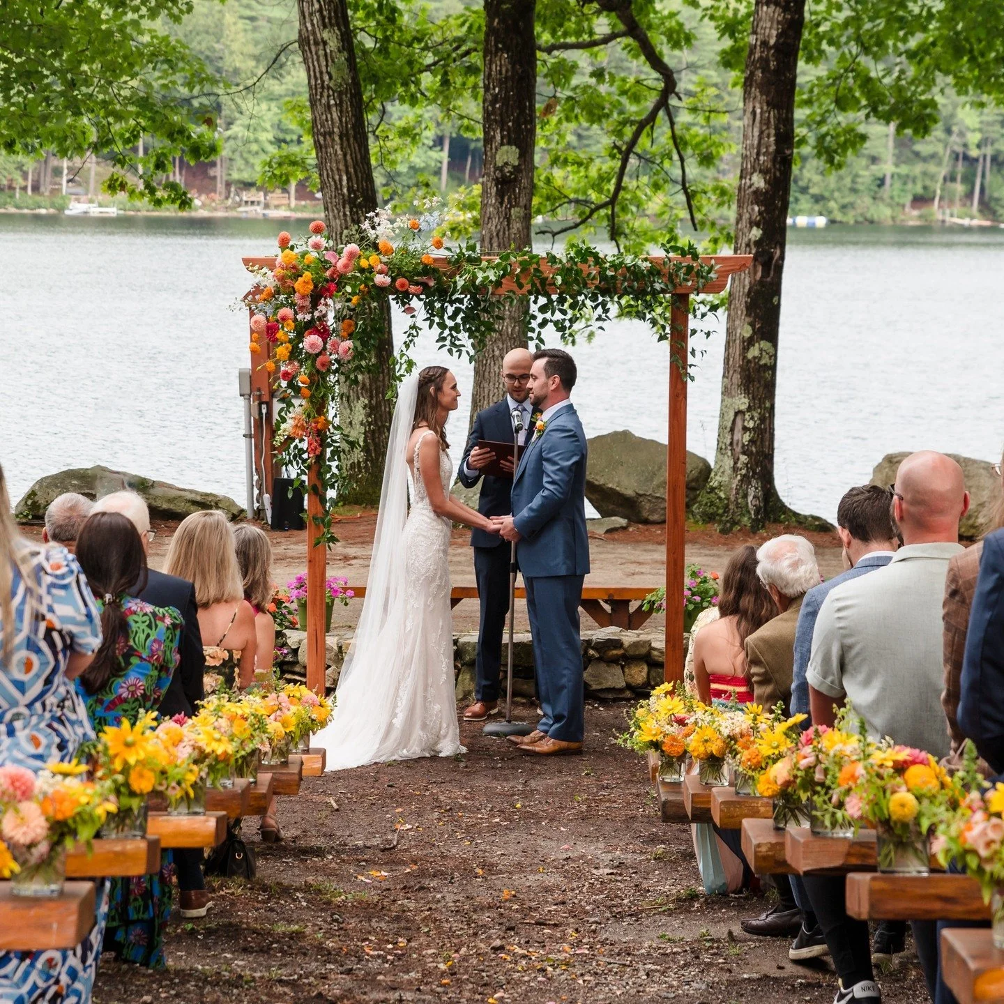 Congratulations to Chloe and Drew! September 6, 2025 at Camp Cedar in Casco; what a beautiful and special location that was part of the groom's life growing up. #campcedar #mainecampweddings #colorfulweddings #orangeflowers #yellowflowers #pinkflower