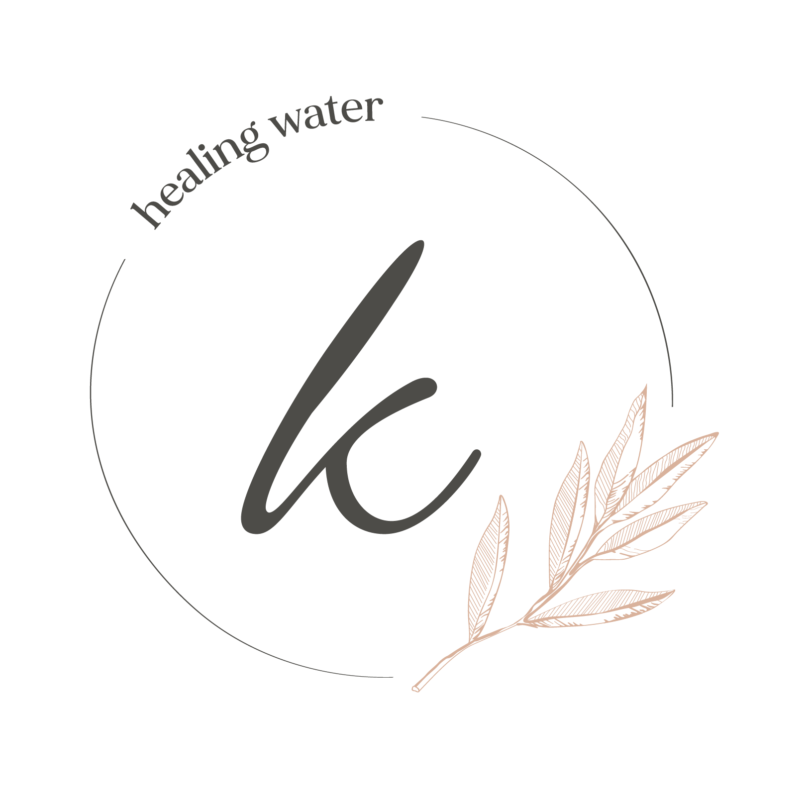 Logo featuring the letter 'k' inside a circle, with the words 'healing water' and a branch with leaves design.