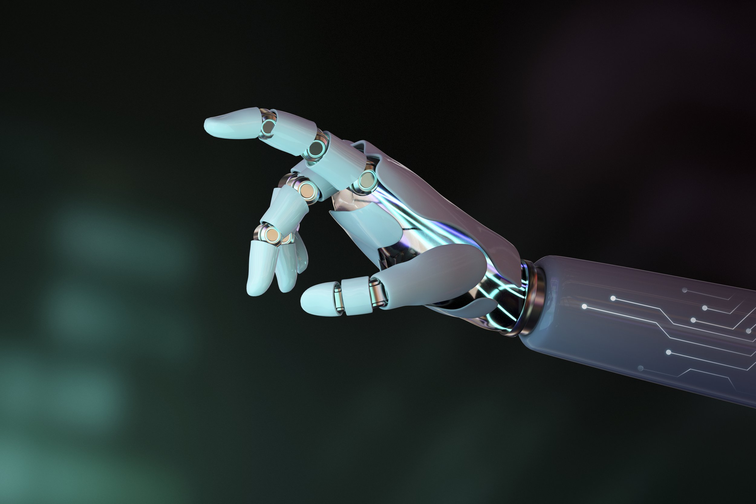 Close-up of a robotic hand with a futuristic design, featuring articulated fingers and a metallic surface against a dark background.
