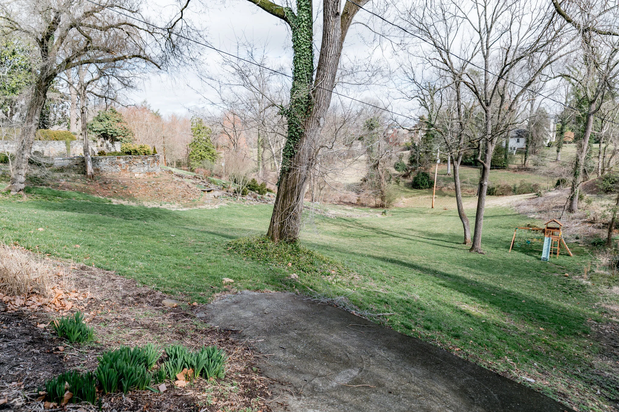 Spacious grassy backyard with a wooden swing set, surrounded by leafless trees and shrubs, includes a stone wall, and patches of emerging green plants.