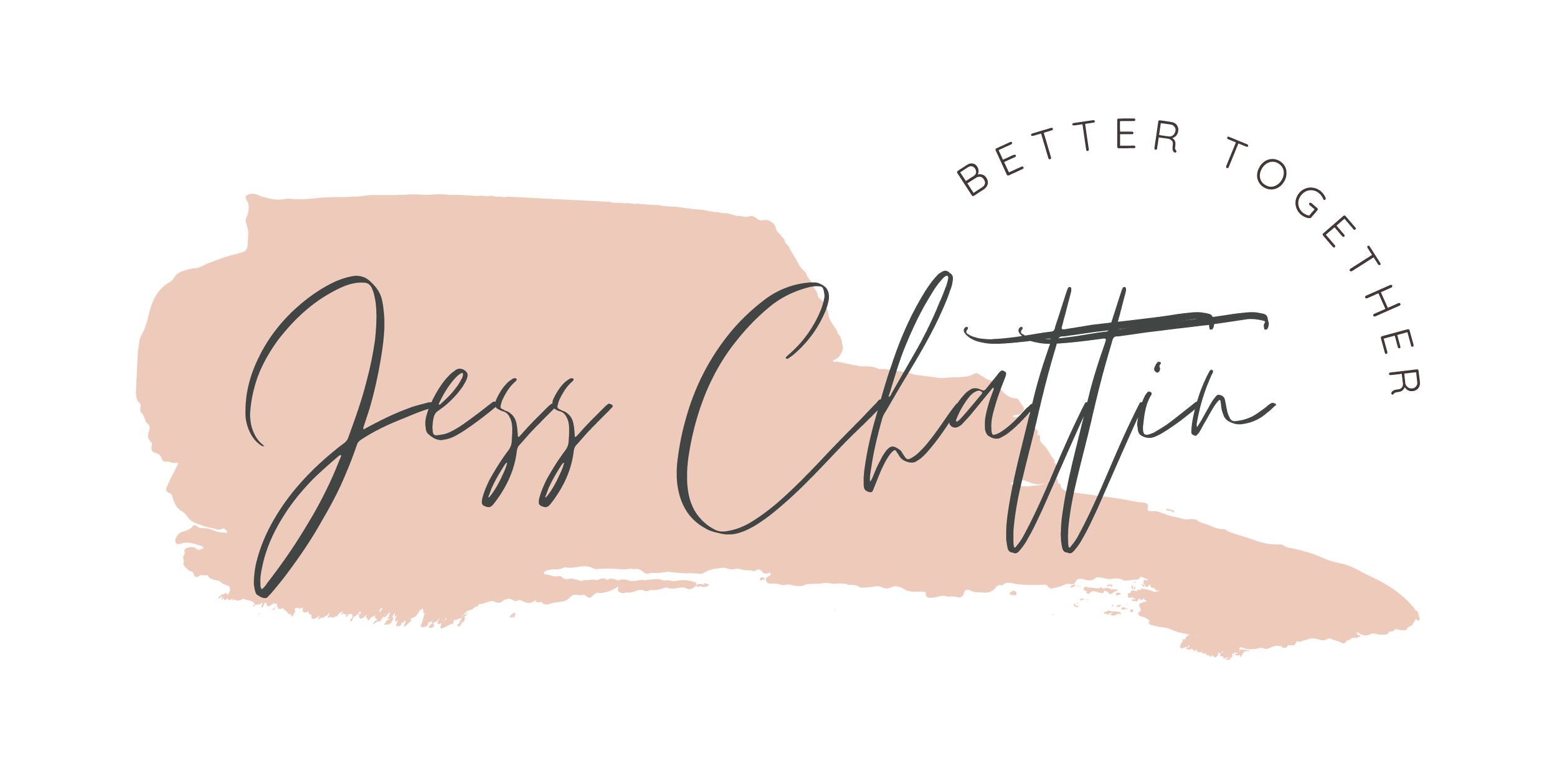 Logo with text "Jess Chattin" in cursive and "Better Together" in a circle above, on a peach paint stroke background.