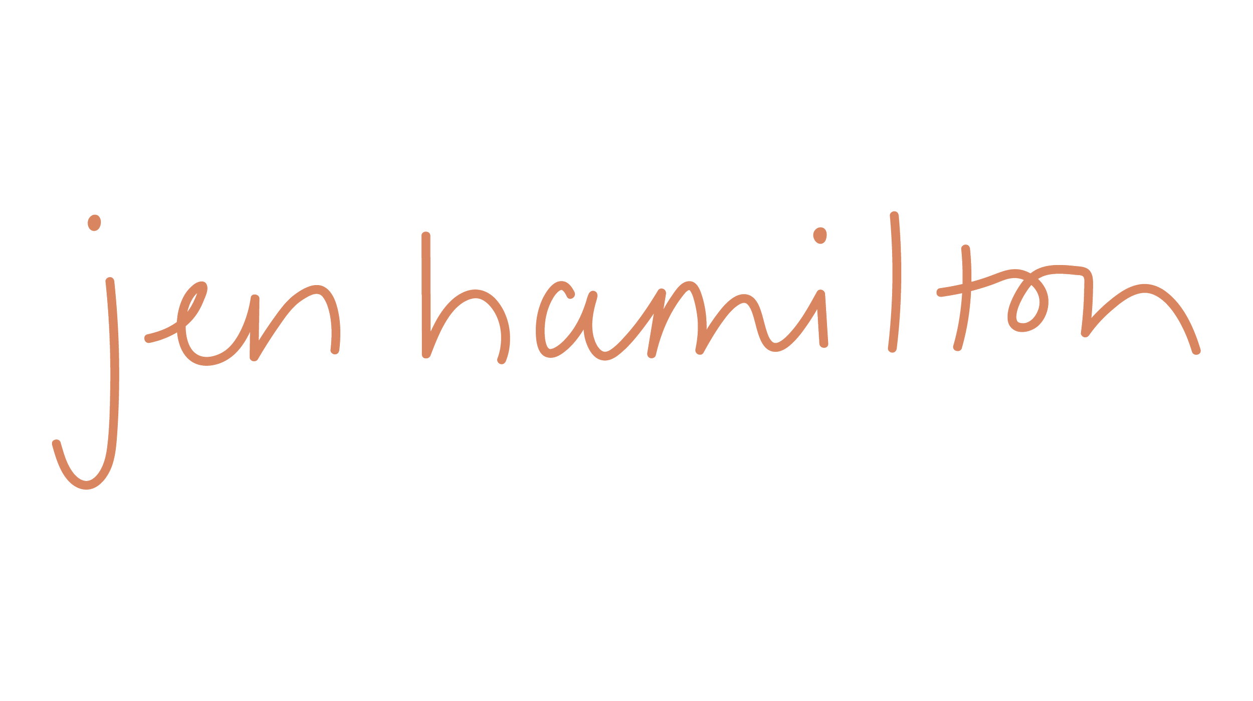 Handwritten text 'jen hamilton' in brown on a transparent background.