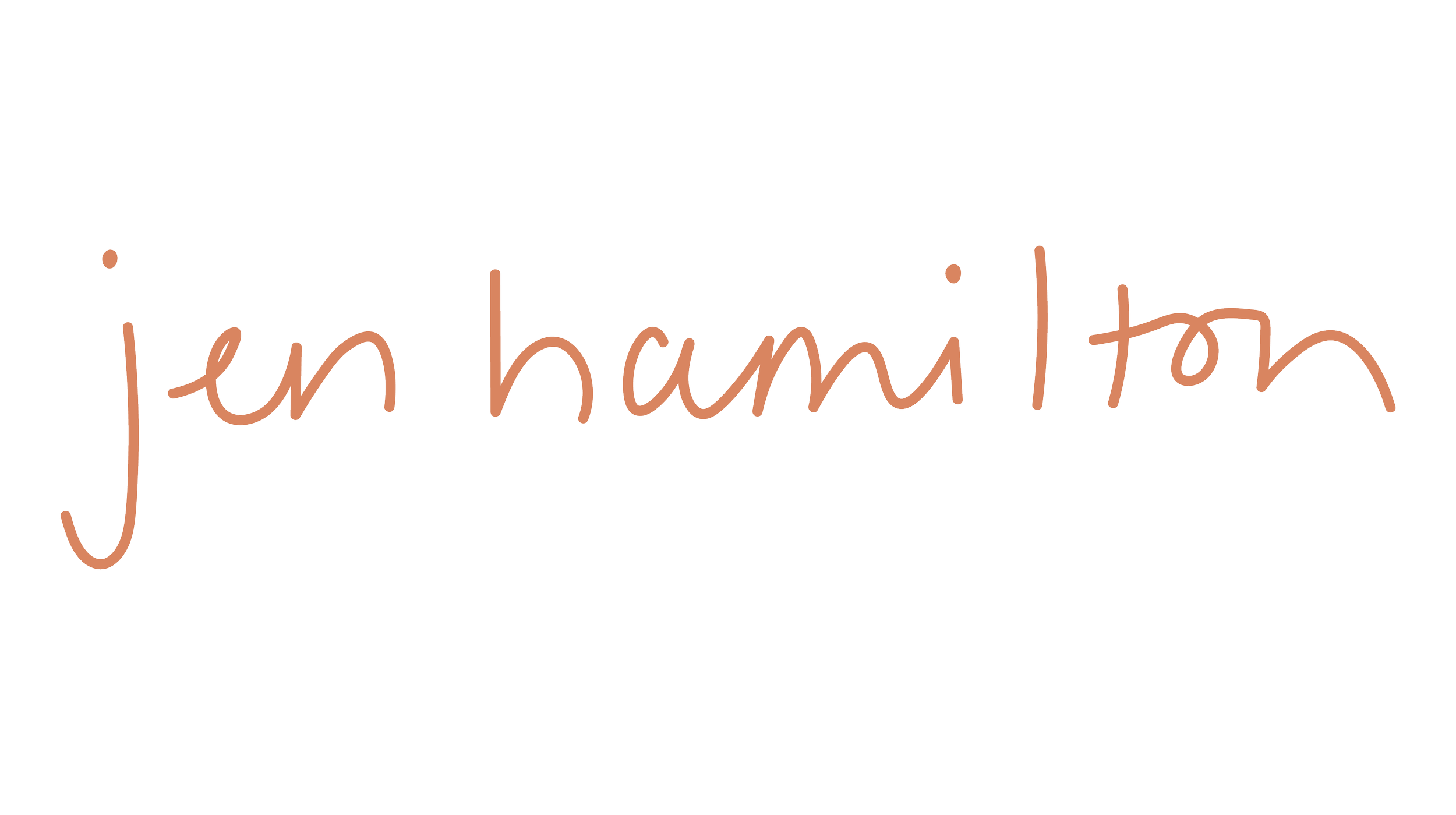Handwritten text "jen hamilton" in brown on a transparent background.