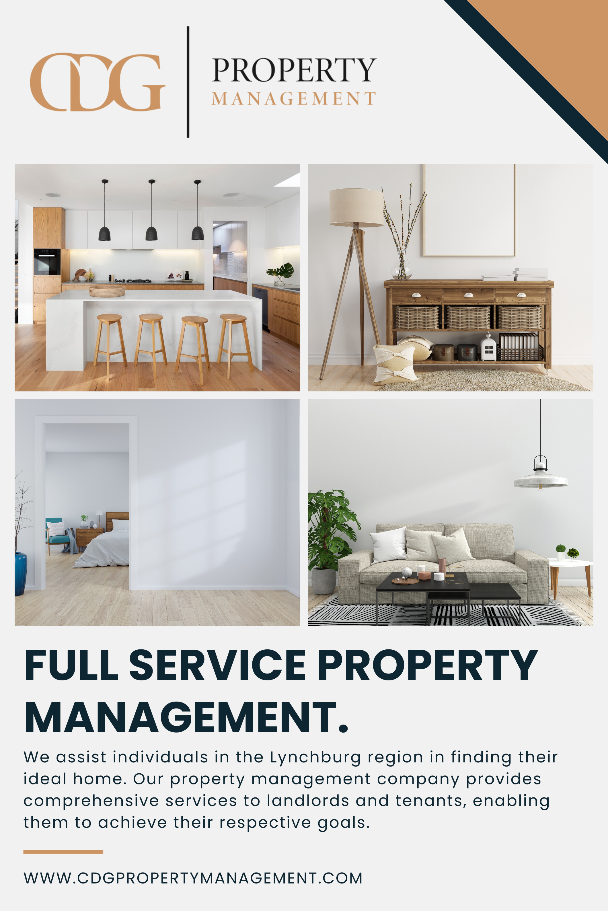 Property management flyer featuring logo, modern kitchen, living room, and bedroom; text about full service for Lynchburg region, offering services to landlords and tenants. Website listed.