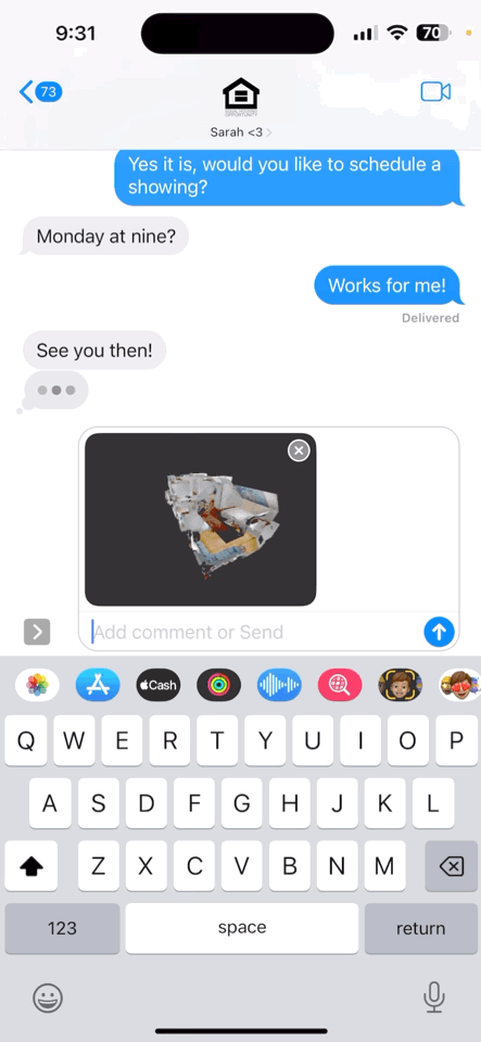 A screenshot of an iPhone text message conversation discussing scheduling a showing for Monday at nine. It includes a thumbnail image of a home interior and features various app icons above the keyboard.