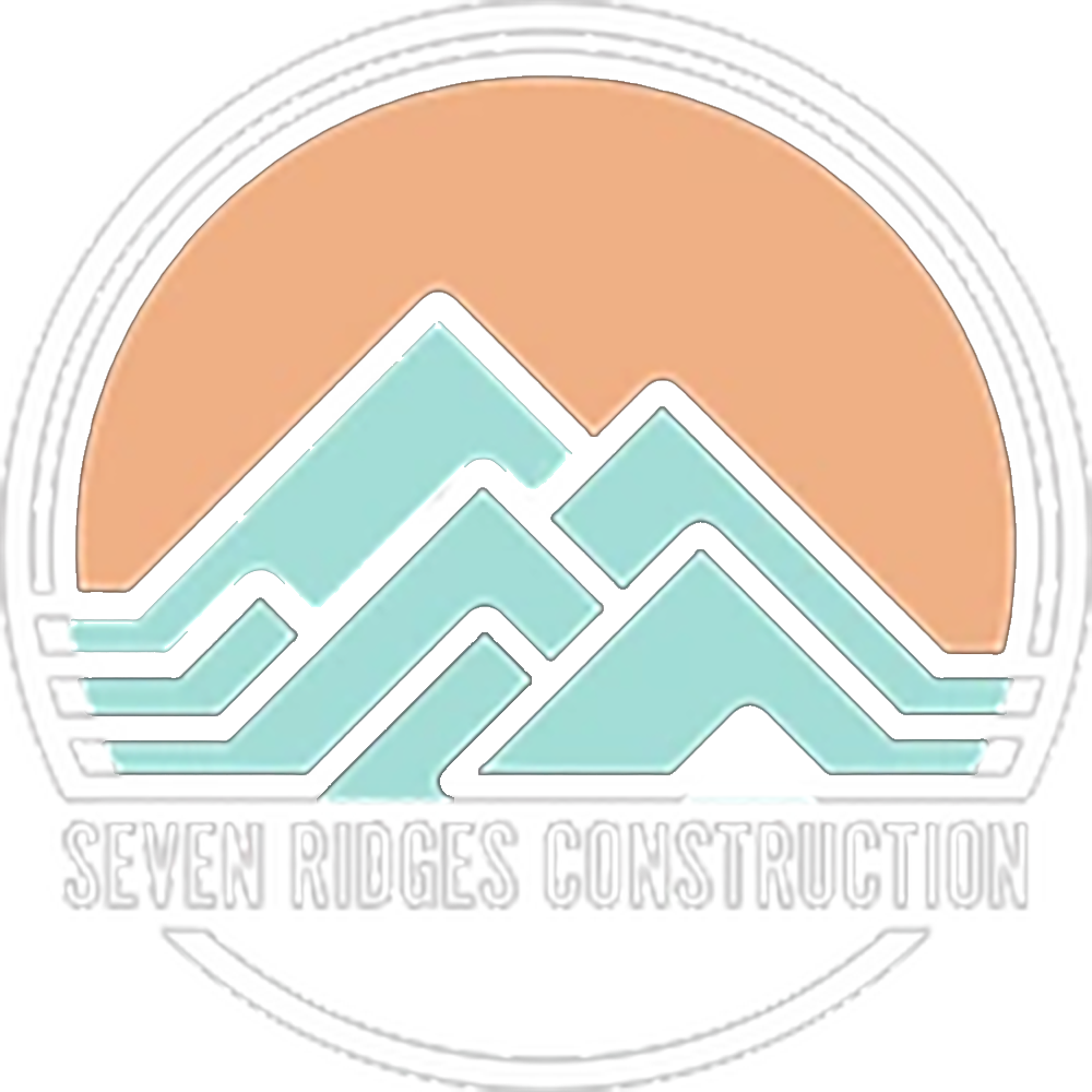 Logo of Seven Ridges Construction featuring stylized mountains in blue and orange with company name on a circular background.