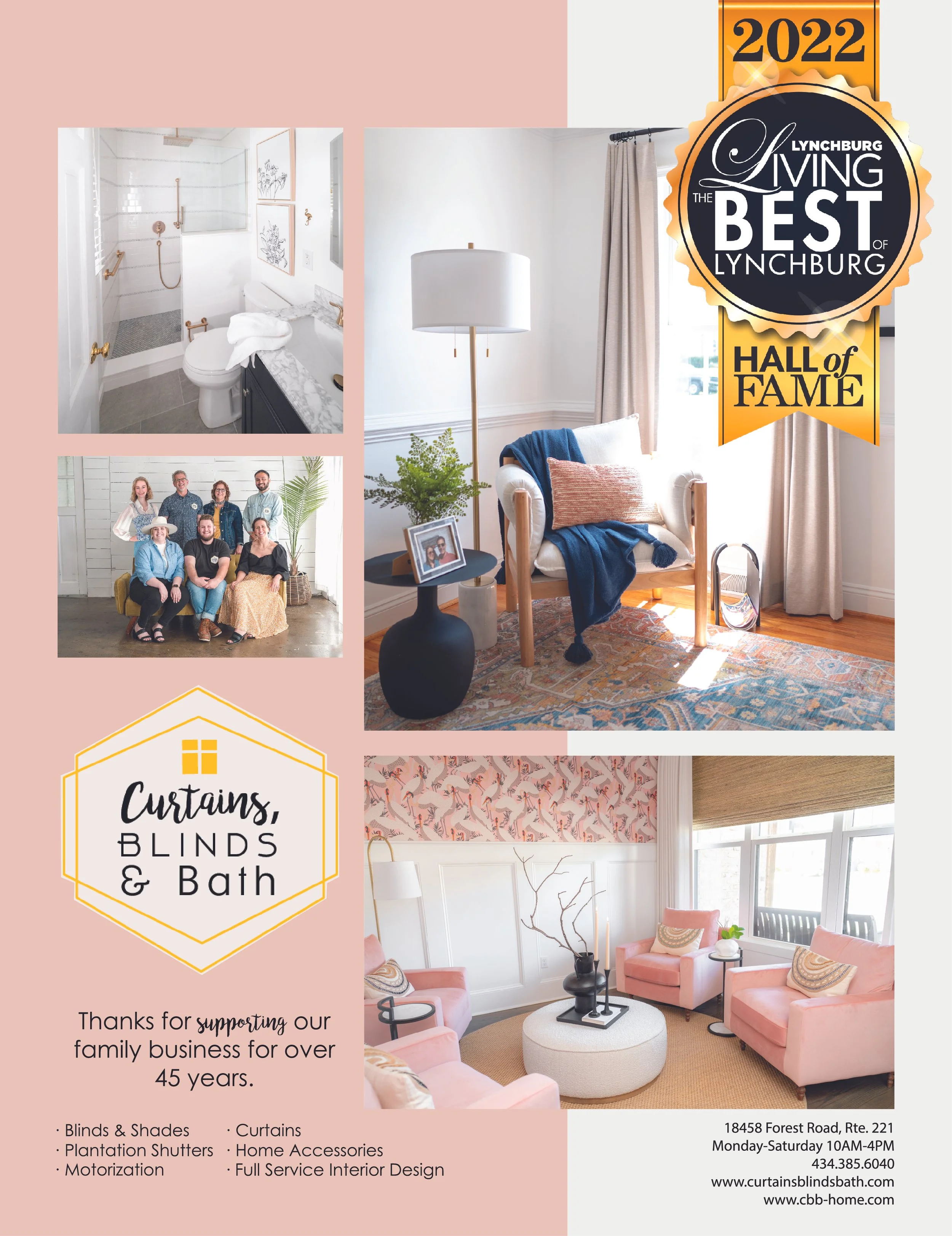 Advertisement featuring living room with blush chairs, bathroom with white tiles, and a group of people, titled 'Curtains, Blinds & Bath,' highlighting interior design services and awards.