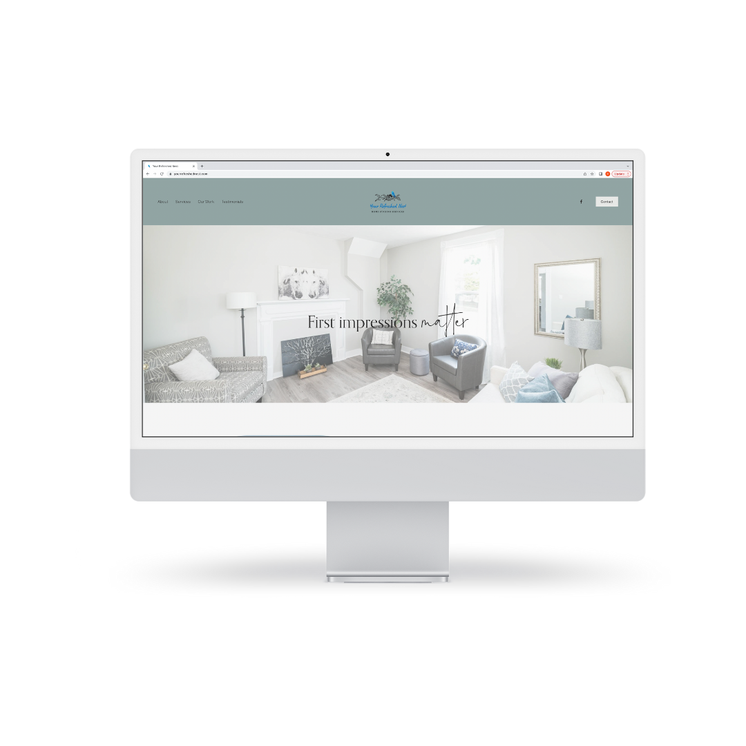 Computer displaying a website homepage for "Your Organized Nest," showcasing a living room interior with the phrase "First impressions matter"