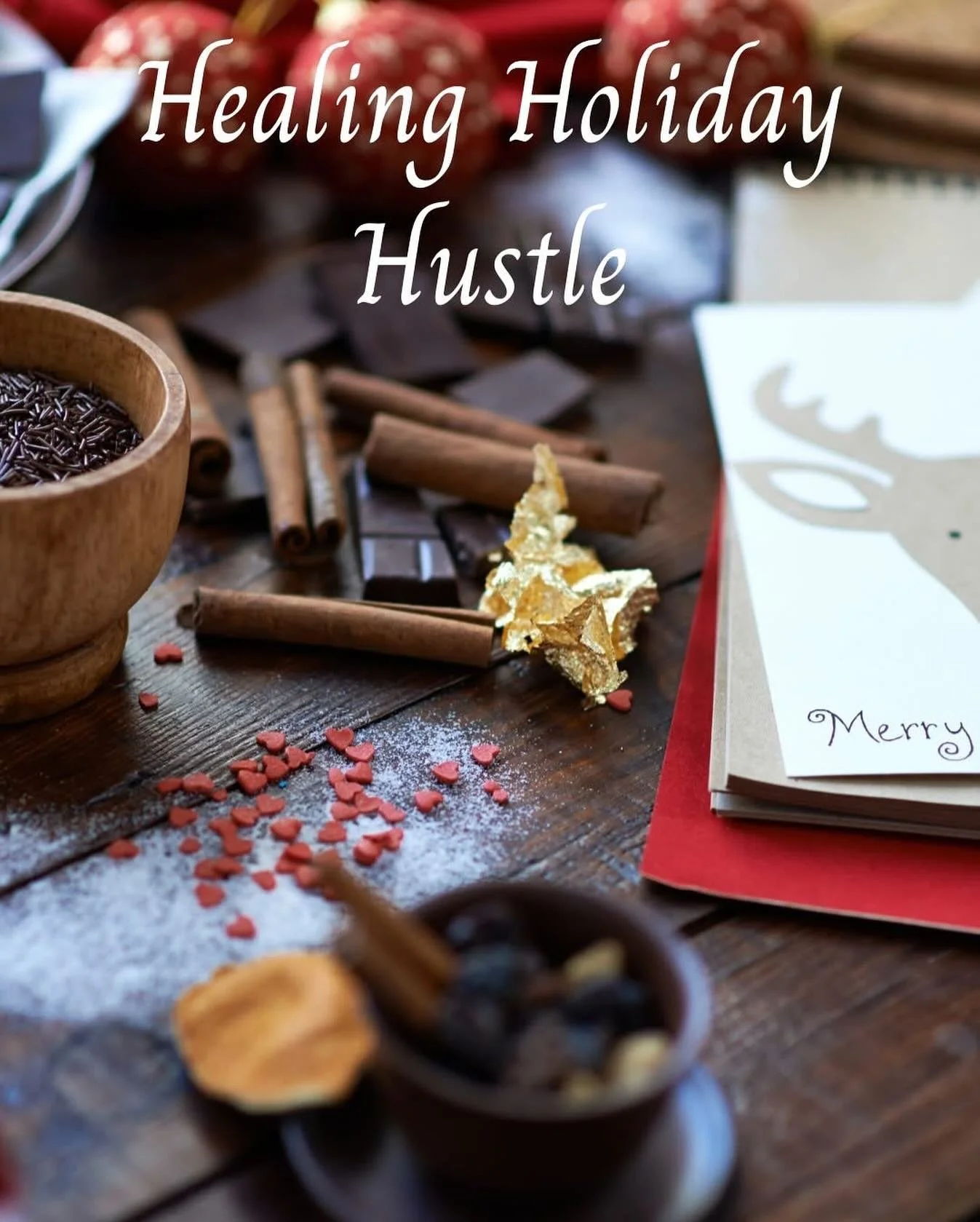 Healing Holiday Hustle

The obligations. The endless to-dos. The cookies. Work and Business deadlines. Shit for School. The shopping. The credit card bills. The cooking. The cleaning. Family dynamics. Your in-law&rsquo;s opinions. The performing. Thi