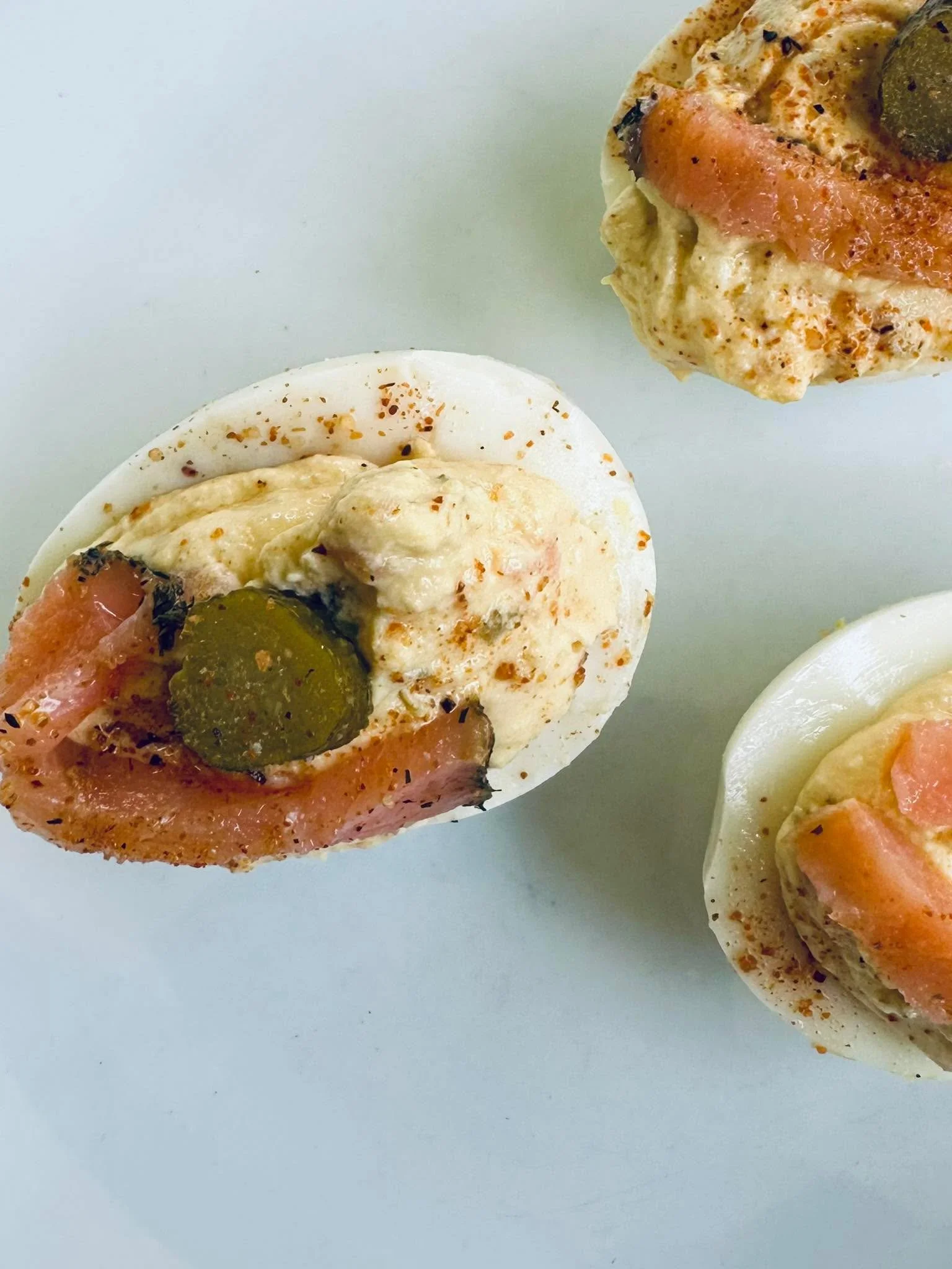 Y&rsquo;all, I&rsquo;ve consumed an embarrassing number of these salmon deviled eggs with cornichons in the last 48 hours. I regret nothing. 🖤 

Over on my fat intake? Guilty. 
Feeling guilty? Nope. 😈

Do you like deviled eggs? 

(I wish I could ha