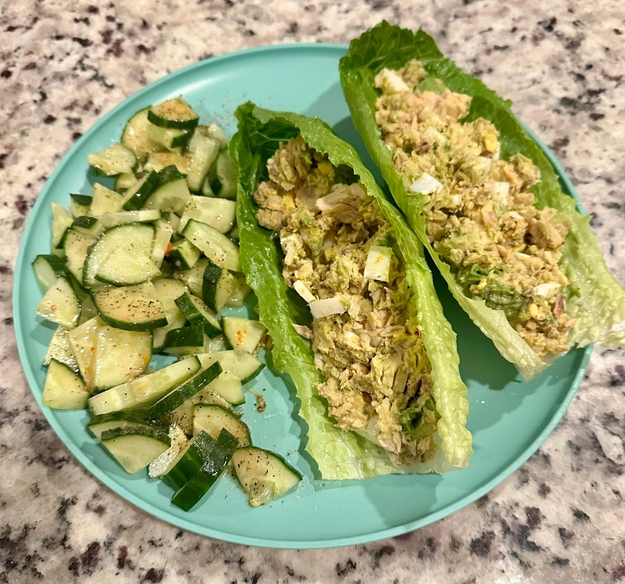 Full First, Fancy Second 🥗

Sometimes self-care is a boring and unglamorous dinner. 

Half a cucumber with a tiny drizzle of Italian dressing. Two pieces of romaine stuffed with salmon salad. (A can of salmon. A boiled egg. Half an avocado. Mixed wi