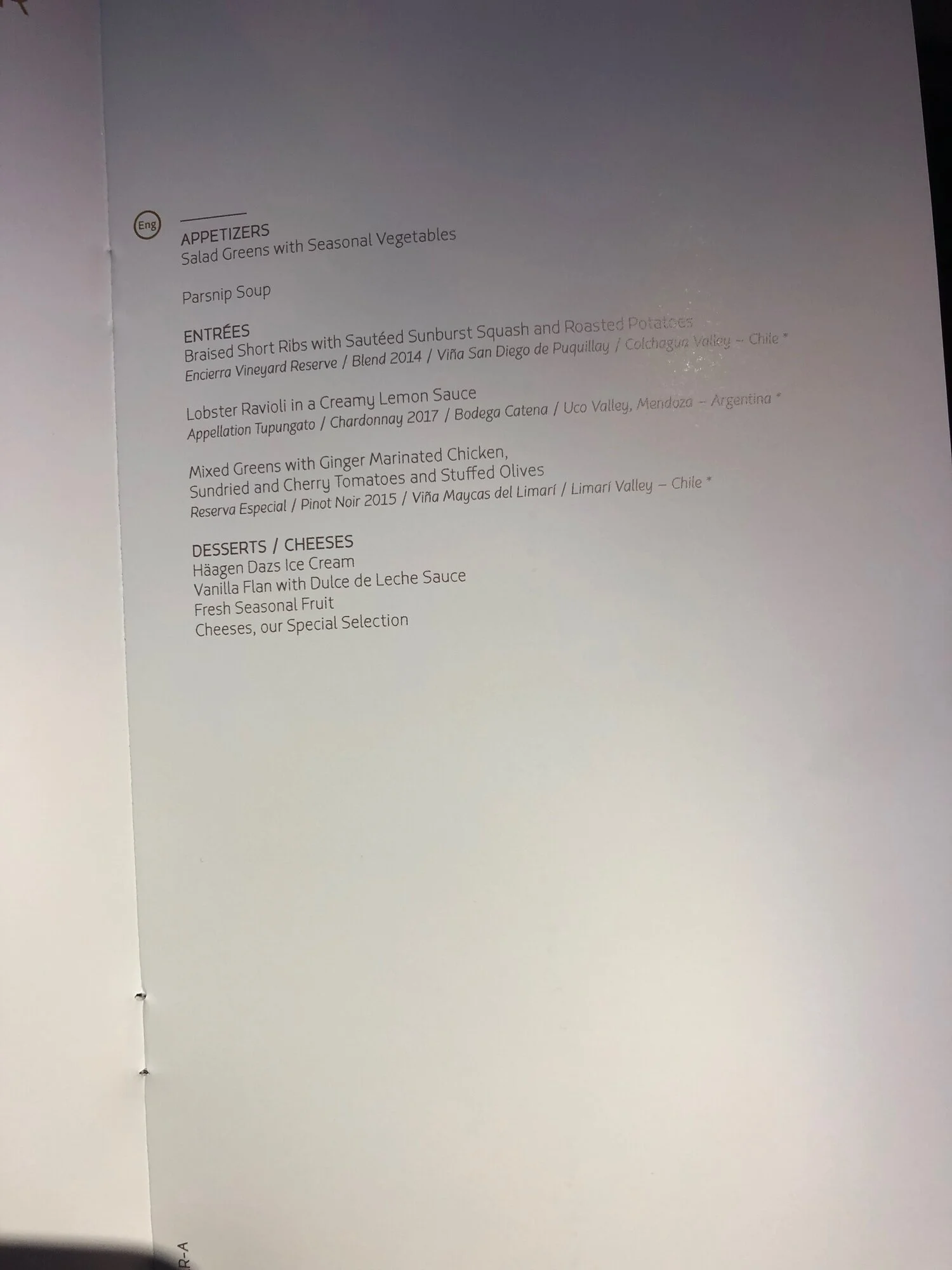 LATAM Airlines Business Class Menu MIA-SCL