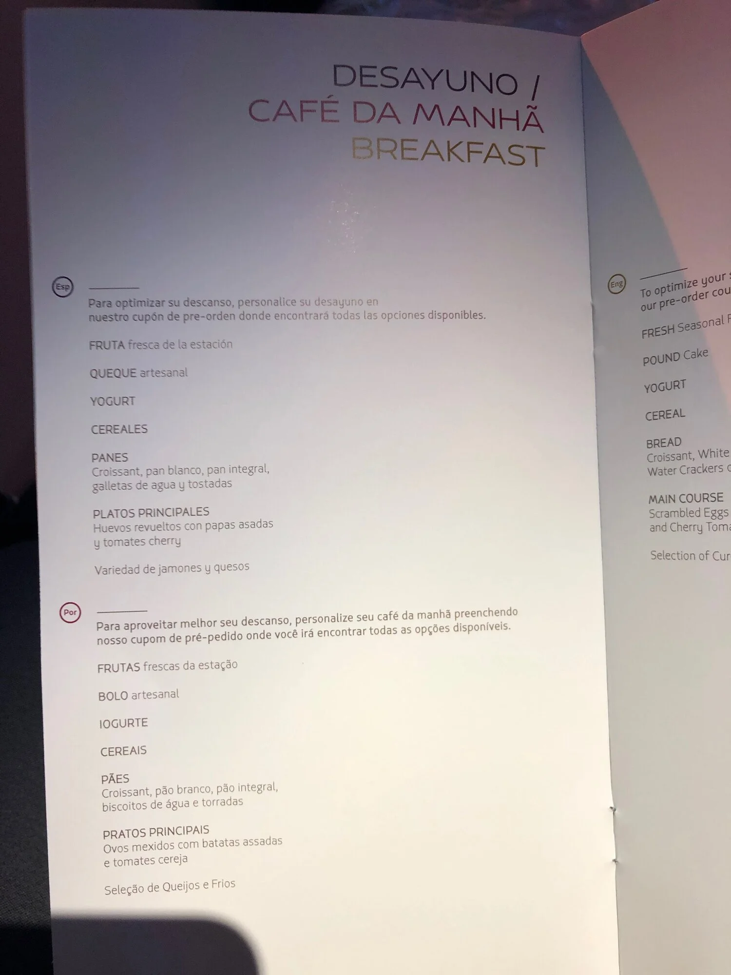 LATAM Airlines Business Class Menu MIA-SCL