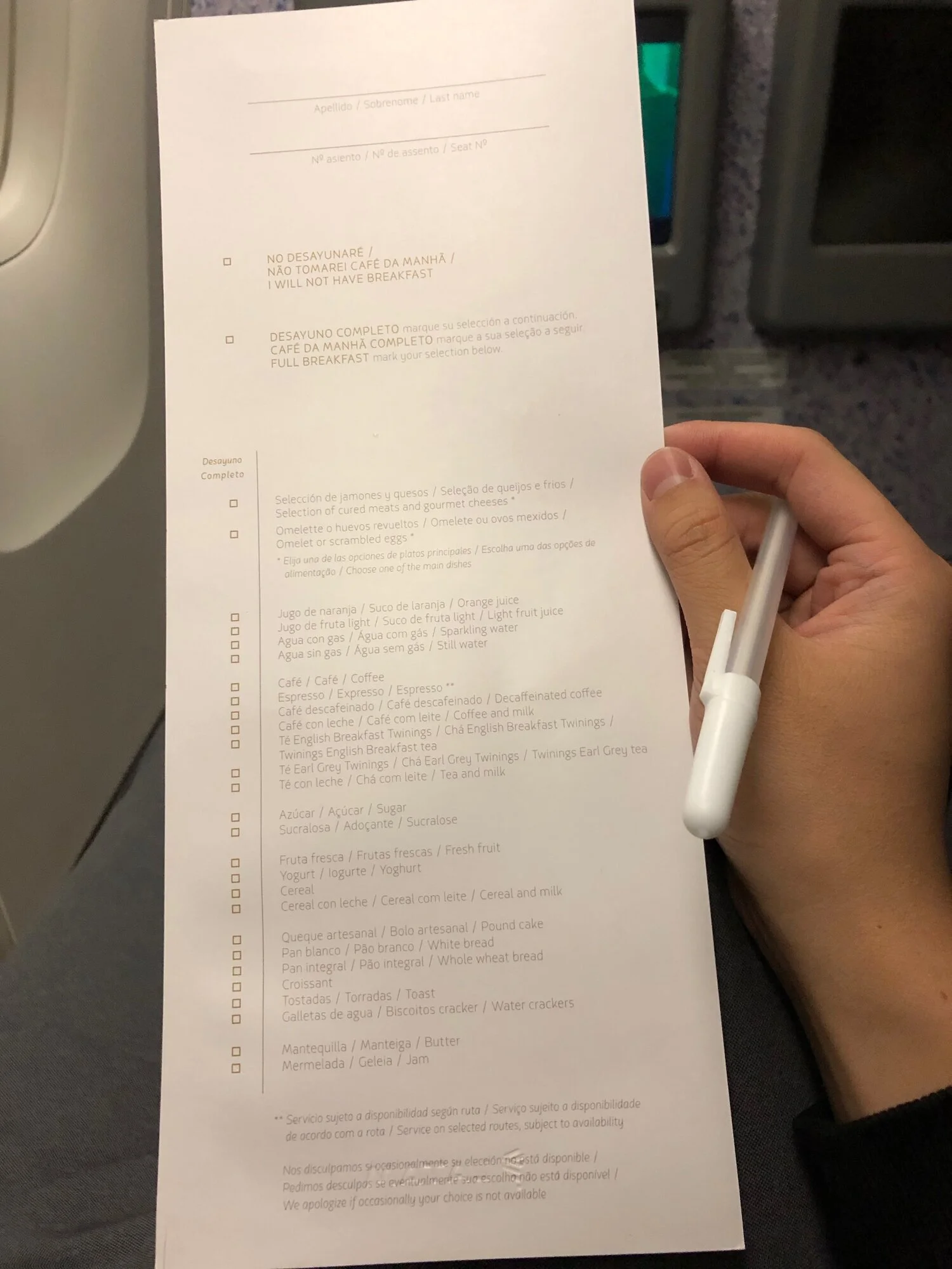 LATAM Airlines Business Class Menu MIA-SCL