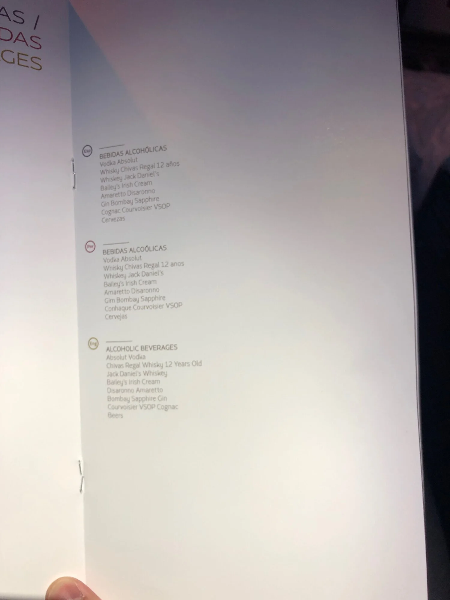 LATAM Airlines Business Class Wine List MIA-SCL