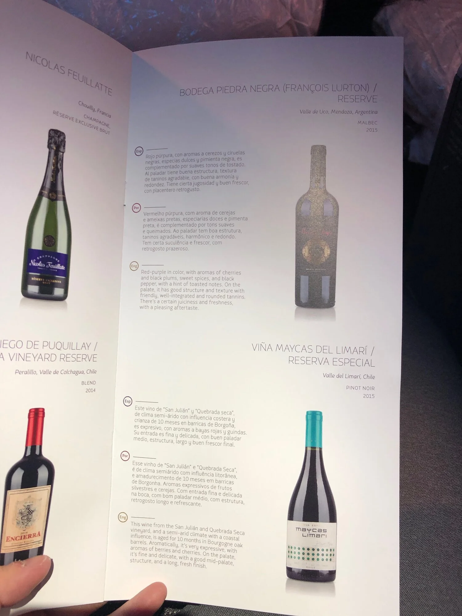 LATAM Airlines Business Class Wine List MIA-SCL