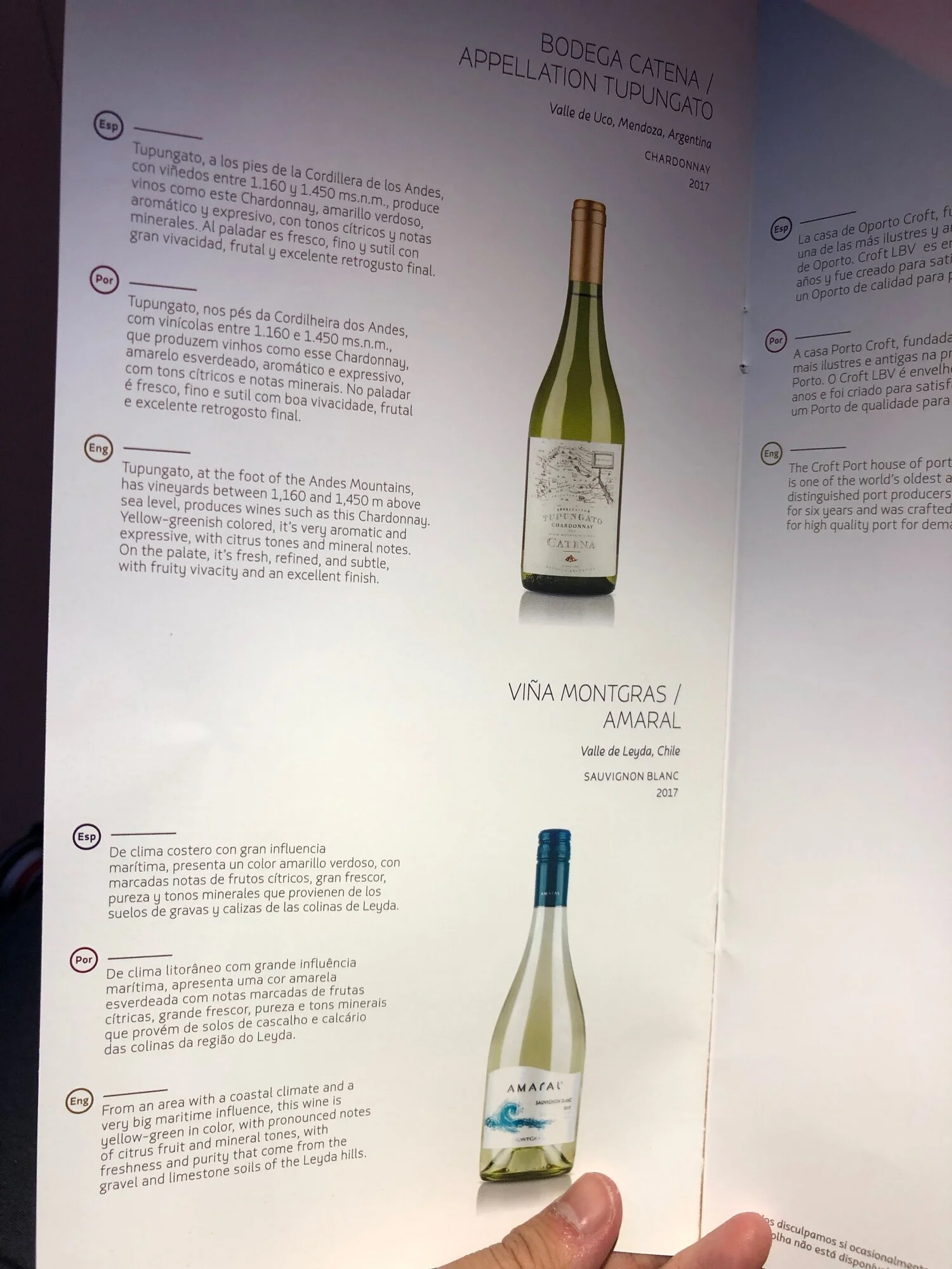 LATAM Airlines Business Class Wine List MIA-SCL