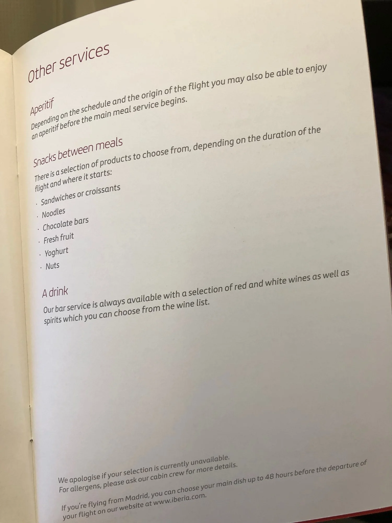 Iberia Business Class Menu MAD-PVG