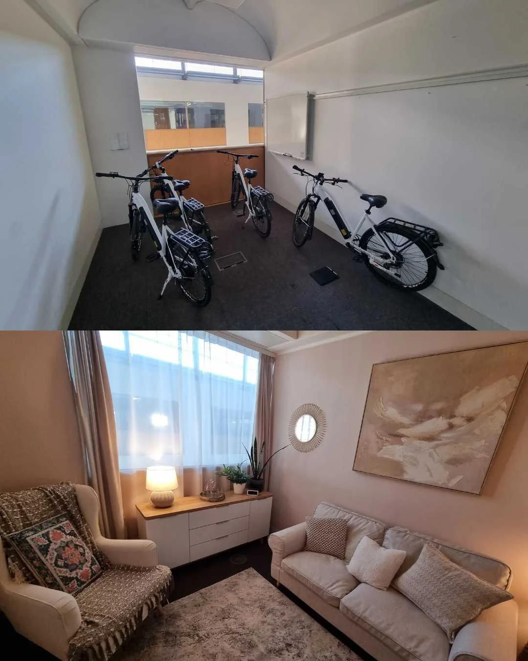 Top image is of an empty room containing e-bikes. The bottom image is a cosy counselling room with sofa, armchair, art work and a sideboard with lamp and plants