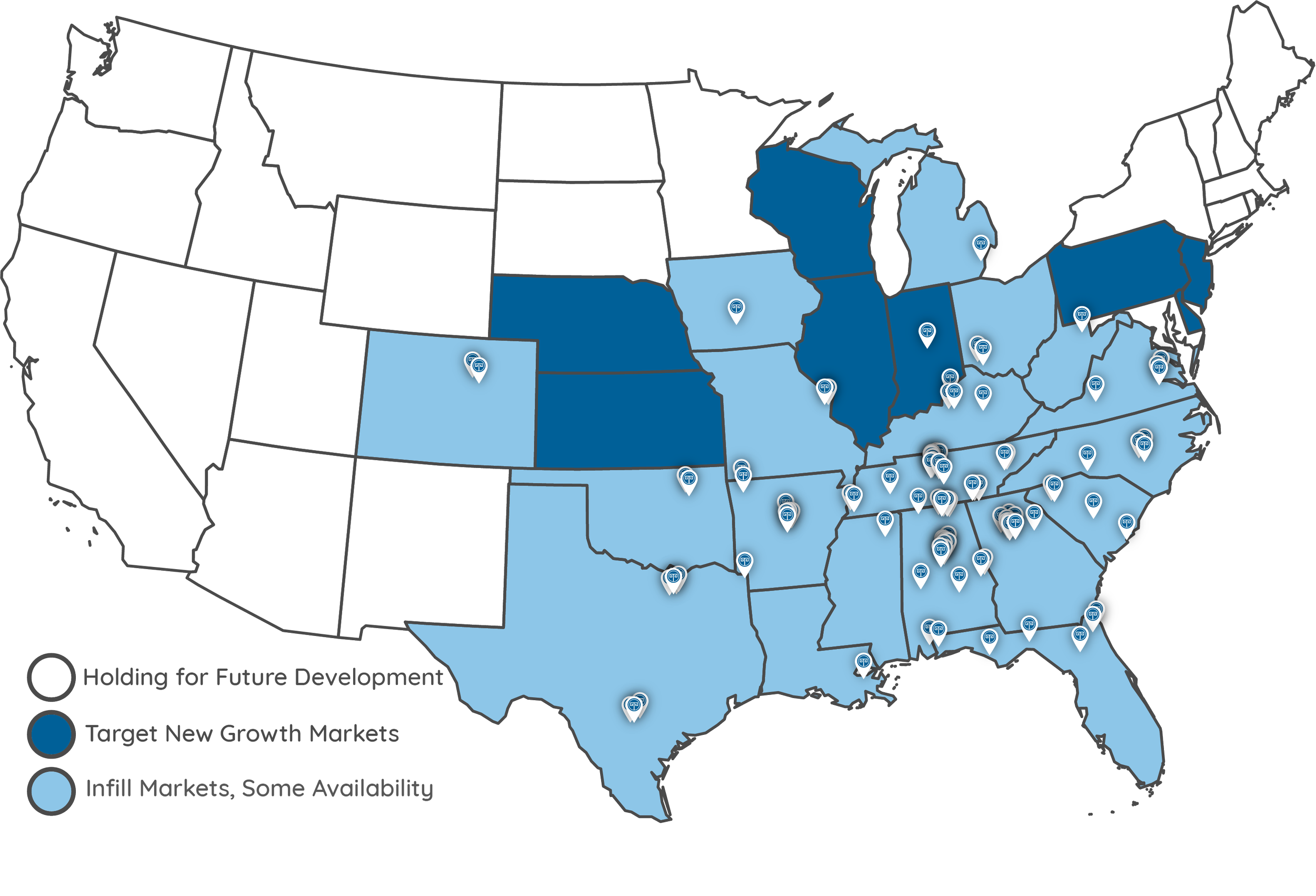 Map of the United States showing various markets with different levels of development, indicating holding for future development, target new growth markets, and infill markets with some availability, represented by different shades of blue.