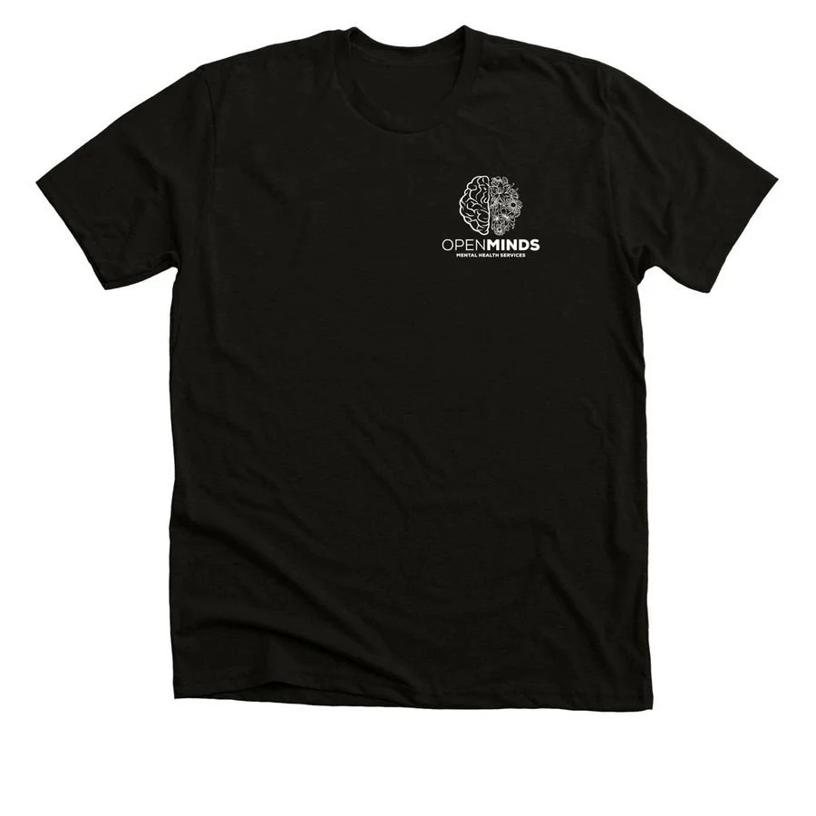 Black T-shirt with white logo of a brain with floral design and text 'Open Minds Mental Health Services'.