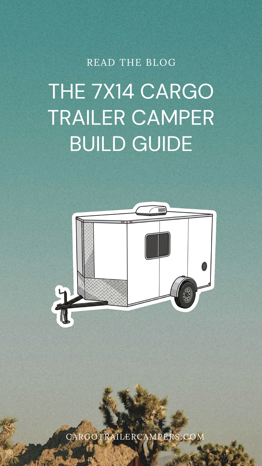 Graphic showing a white 7x14 cargo trailer camper with a window and roof vent fan