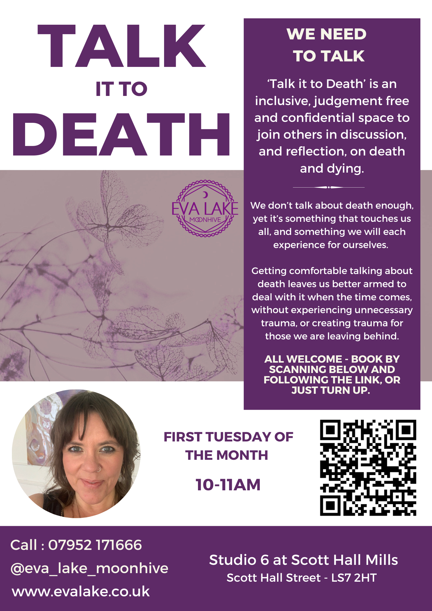 Flyer with purple and white color scheme promoting a discussion group about death, titled 'Talk it to Death' at Evalake Moonhive. Features a photo of a smiling woman with dark hair and freckles. Contains event details, a QR code, and contact information including phone number, Instagram handle, and website. Also includes a quote about talking about death and leaves space for additional event info.