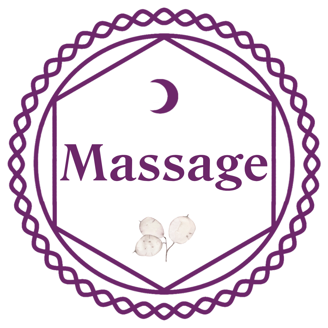 A circular logo with a purple decorative border, a moon symbol, the word 'Massage' in purple text, and three light-colored leaves at the bottom.