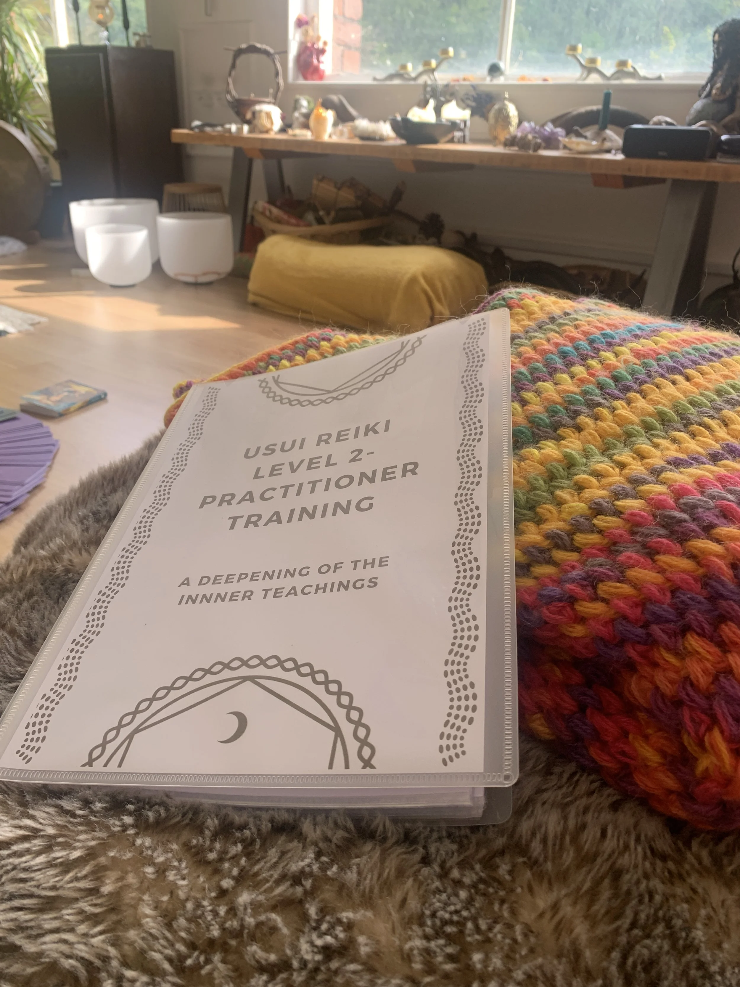 Close-up of a booklet titled 'Usui Reiki Level 2 Practitioners Training' in a brightly lit room with various objects and furniture in the background.