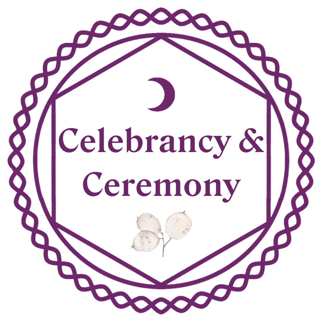 A logo with a purple decorative border and a crescent moon at the top. Inside, text reads 'Celebrancy & Ceremony' with a small illustration of three white leaves at the bottom.