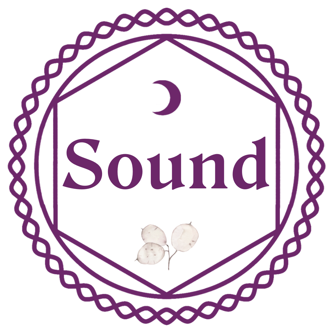 A decorative circular logo with a purple border, a crescent moon at the top, the word 'Sound' in the center, and an image of an honesty plant at the bottom.