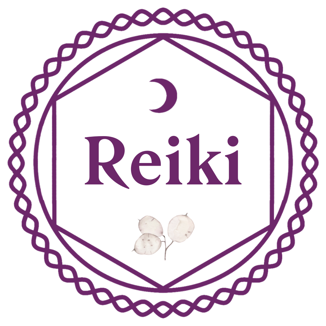 A circular logo with a purple decorative border, a small crescent moon at the top, the word 'Reiki' in the center, and a small illustration of three white, round flowers at the bottom.