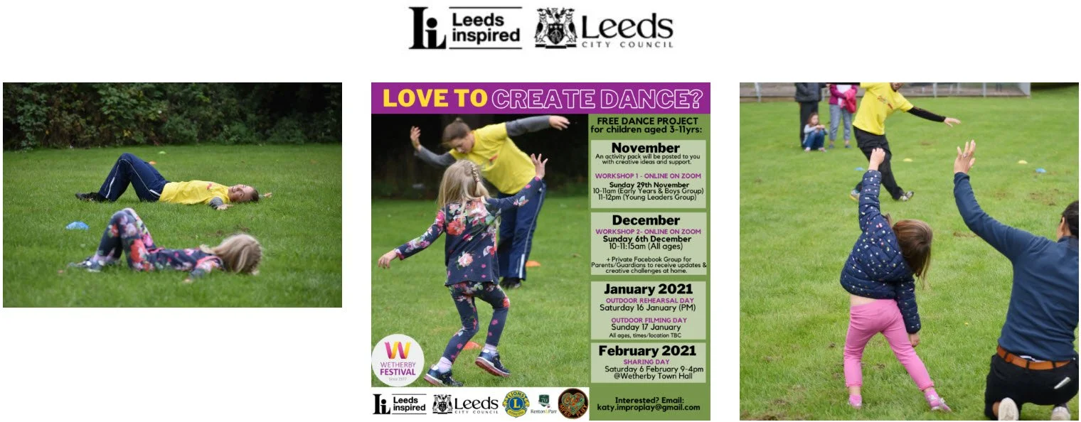 Collage of children dancing outdoors and flyer for a free dance project by Leeds City Council and Wetherby Festival. Includes workshop dates and contact information.