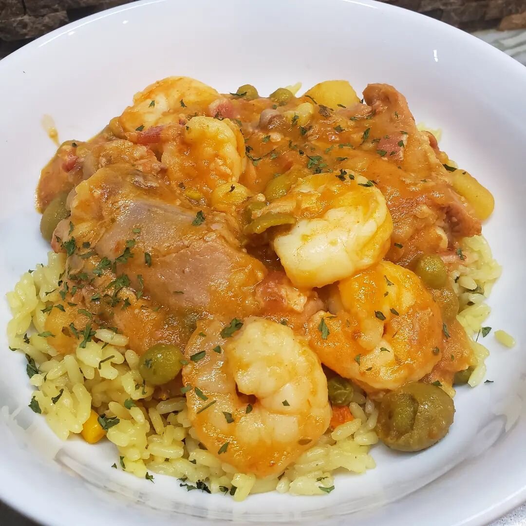 We #embrace our #Latin #roots when we make #comfortfood.  Tonight we made #chicken &amp; #shrimp #fricass&eacute;e on a bed of #garden #vegetable rice. #boricua #casero #criollo #Cuban #dominican #caribe #comfort